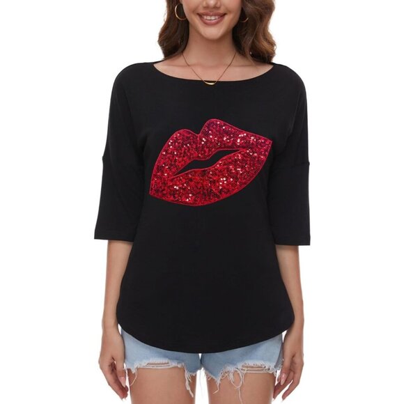 Women's Sequin Heart Love Shirt Plus Size Loose Tunic 3/4 Sleeve Boat Neck - Picture 3 of 6